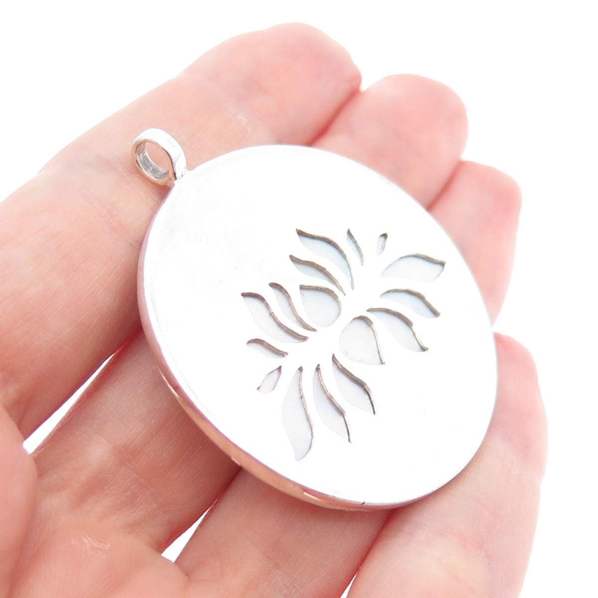 925 Sterling Silver Vintage Real MOP Lotus Flower Charm Pendant