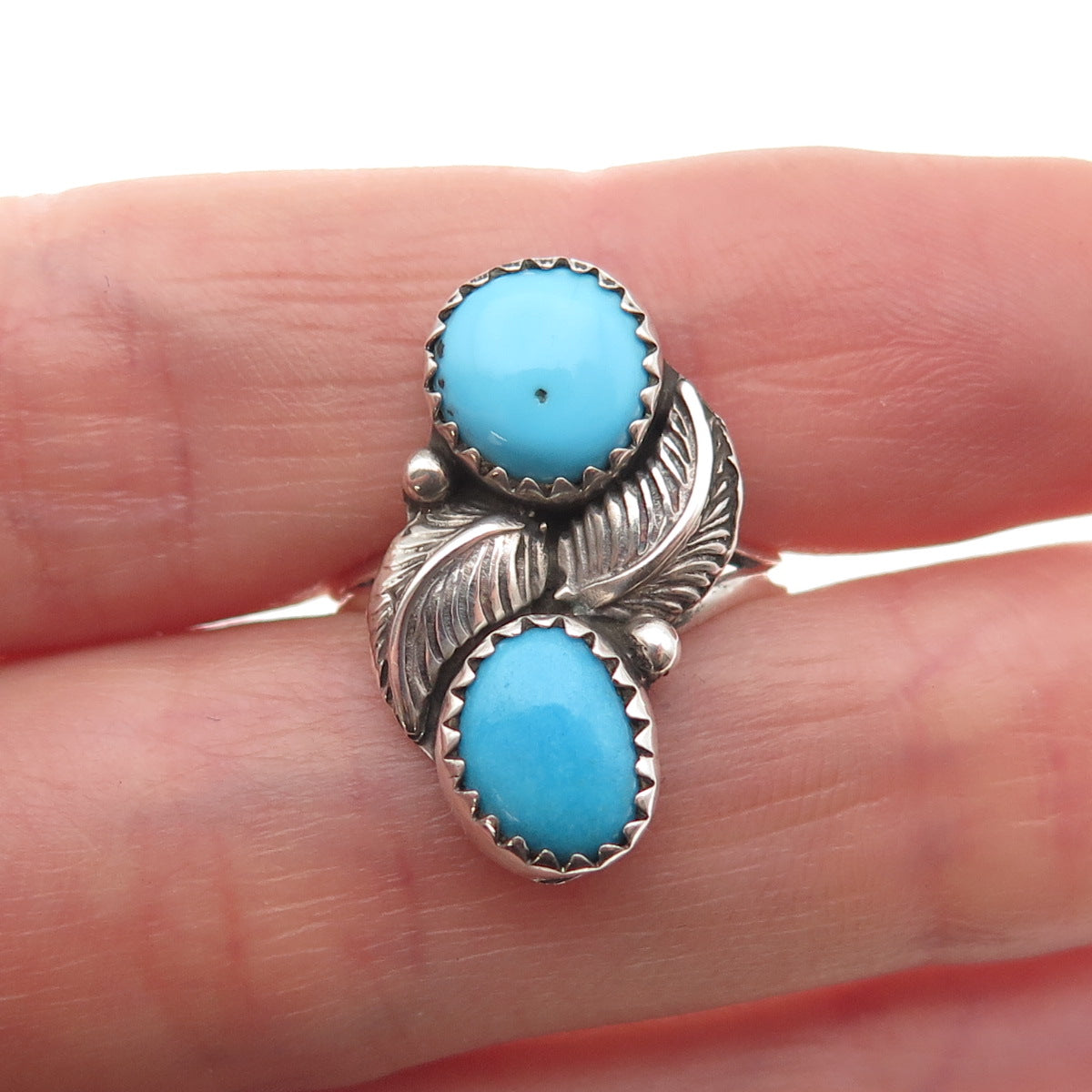 Old Pawn Sterling Silver Vintage Southwestern Turquoise Feather Ring Size 6.5
