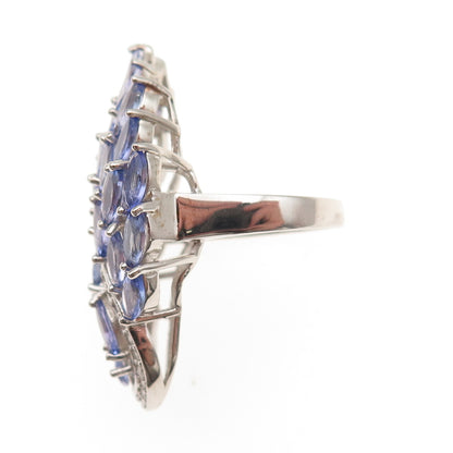 925 Sterling Silver Real Tanzanite & White Topaz Floral Cluster Ring Size 8