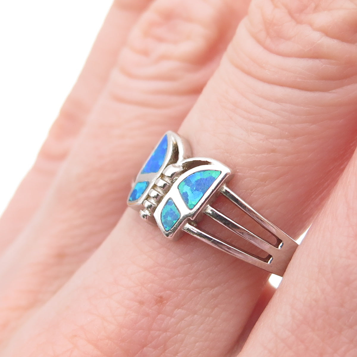 925 Sterling Silver Vintage Real Opal Butterfly Ring Size 10