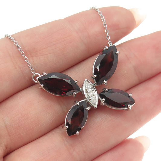 925 Sterling Silver Italy Real Diamond & Red Garnet Gem Butterfly Necklace 18"