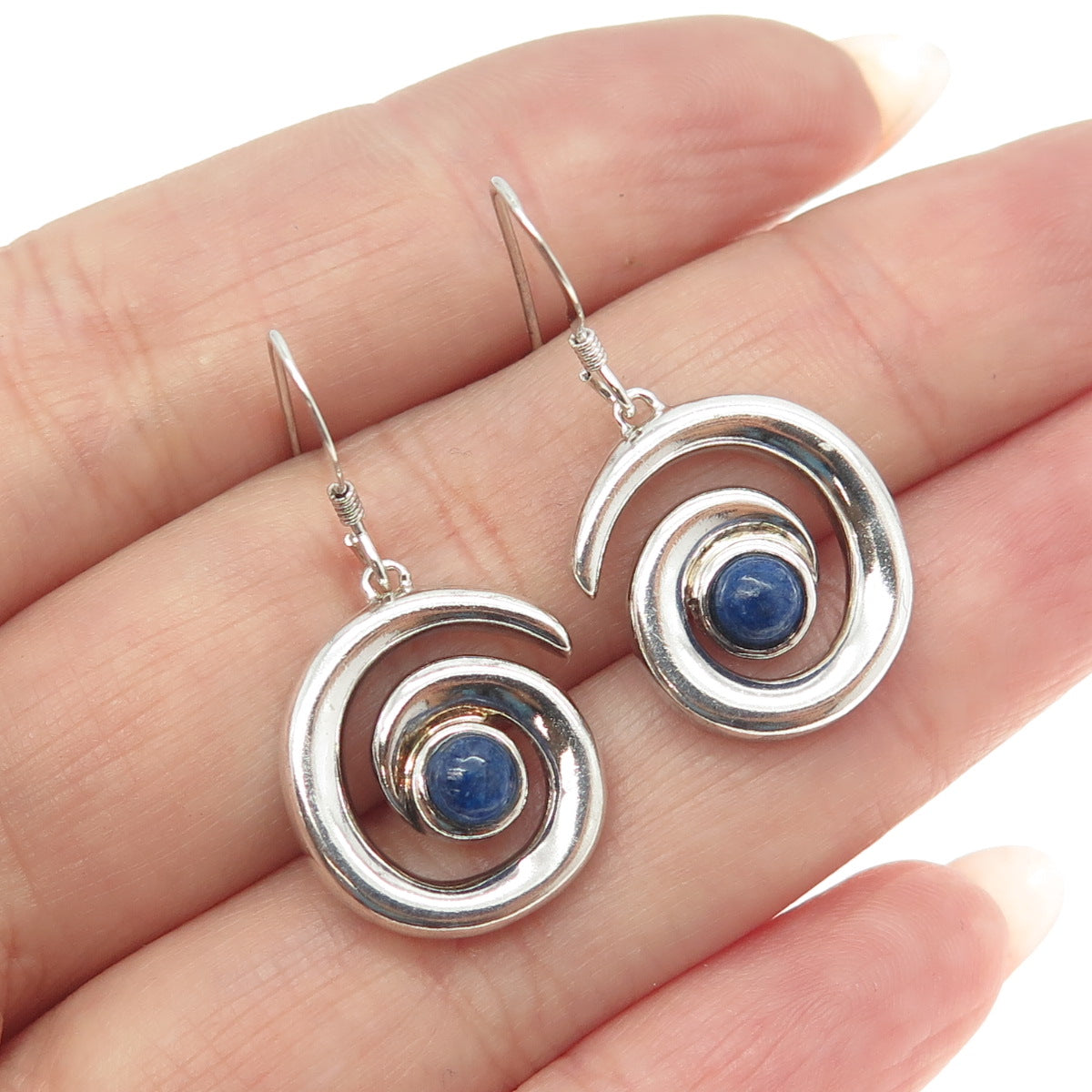 925 Sterling Silver Vintage Real Lapis Lazuli Gemstone Spiral Dangle Earrings