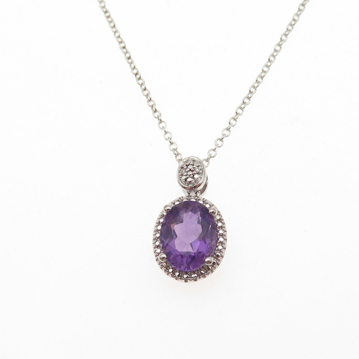 Sai 925 Sterling Silver Italy Real Diamond & Amethyst Cable Chain Necklace 18"