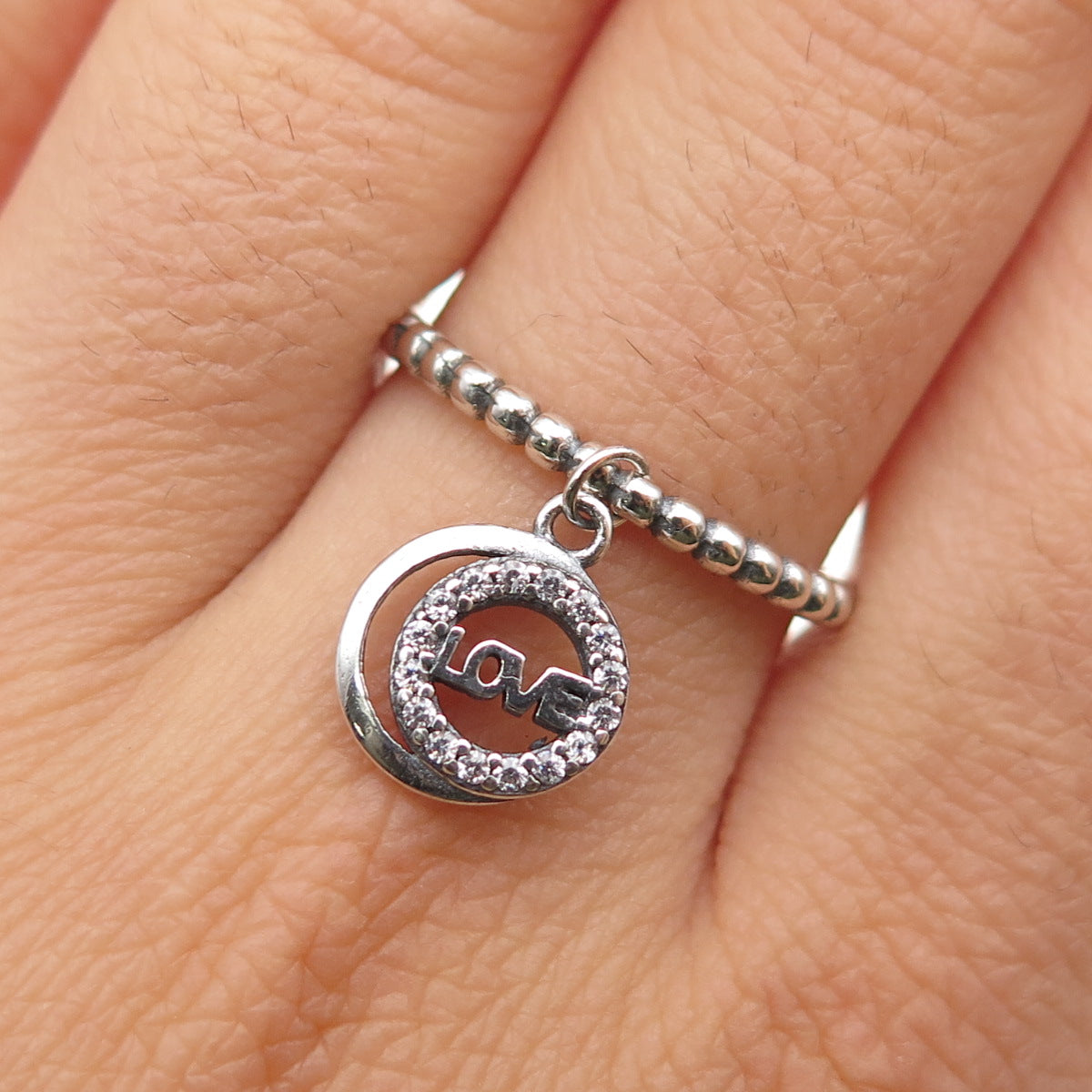 925 Sterling Silver Round-Cut C Z Love Dangle Charm Beaded Band Ring Size 7.75