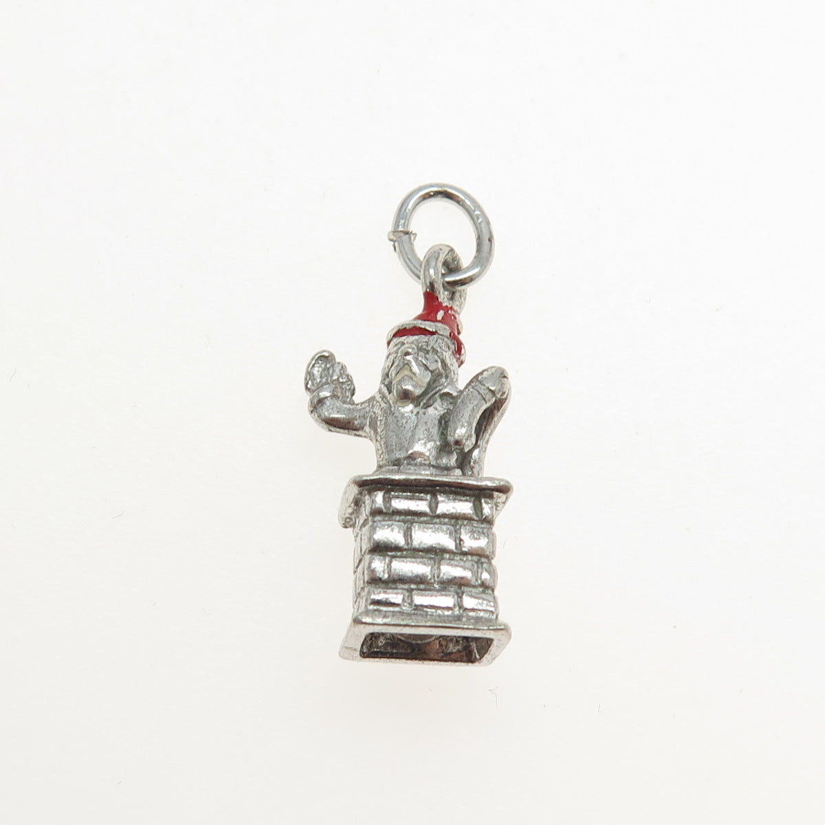 925 Sterling Silver Vintage Red Enamel Santa Chimney 3D Pendant