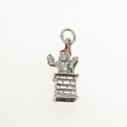 925 Sterling Silver Vintage Red Enamel Santa Chimney 3D Pendant