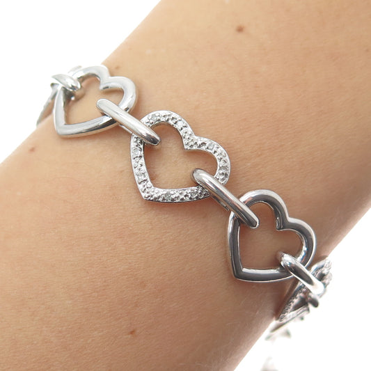 925 Sterling Silver Real Round-Cut Diamond Heart Link Bracelet 7.25"