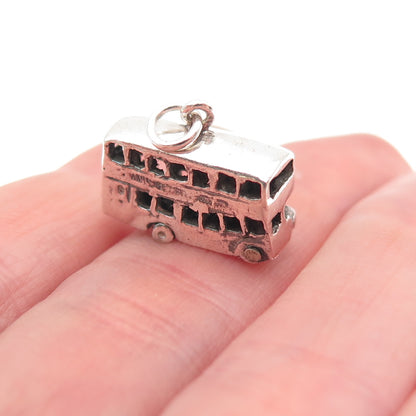 925 Sterling Silver Vintage London Double Decker Bus 3D Mini Open Cham Pendant