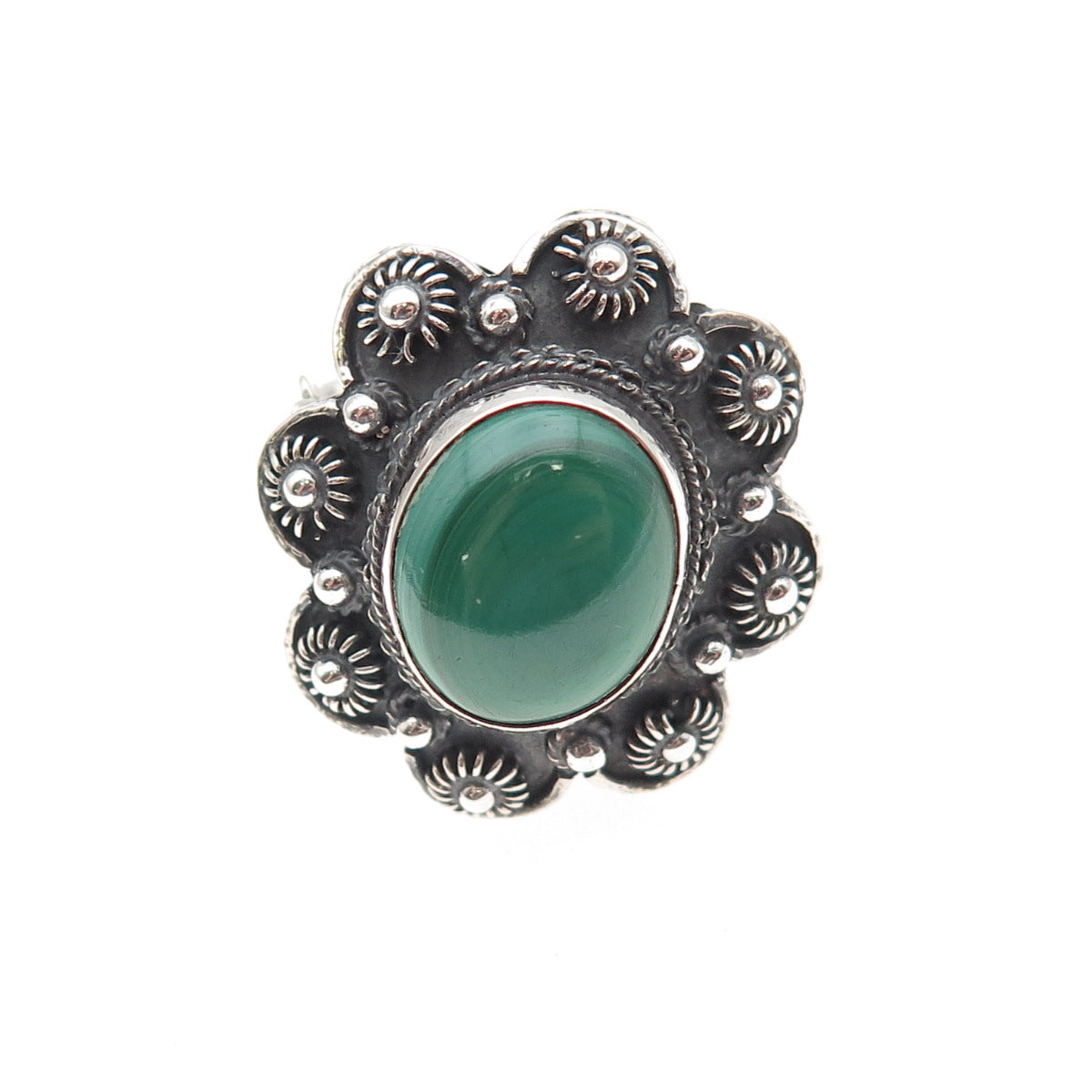 925 Sterling Antique Art Deco Real Malachite Cannetille Oxidized Ring Size 5.5