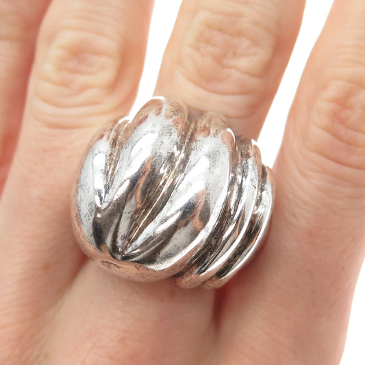 925 Sterling Silver Vintage Modernist Ribbed Dome Oxidized Ring Size 8.5