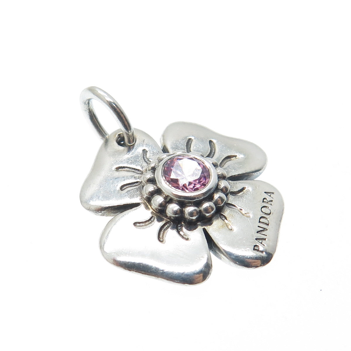 PANDORA 925 Sterling Silver Round-Cut Pink C Z Flower Charm Pendant