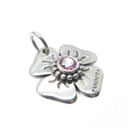PANDORA 925 Sterling Silver Round-Cut Pink C Z Flower Charm Pendant