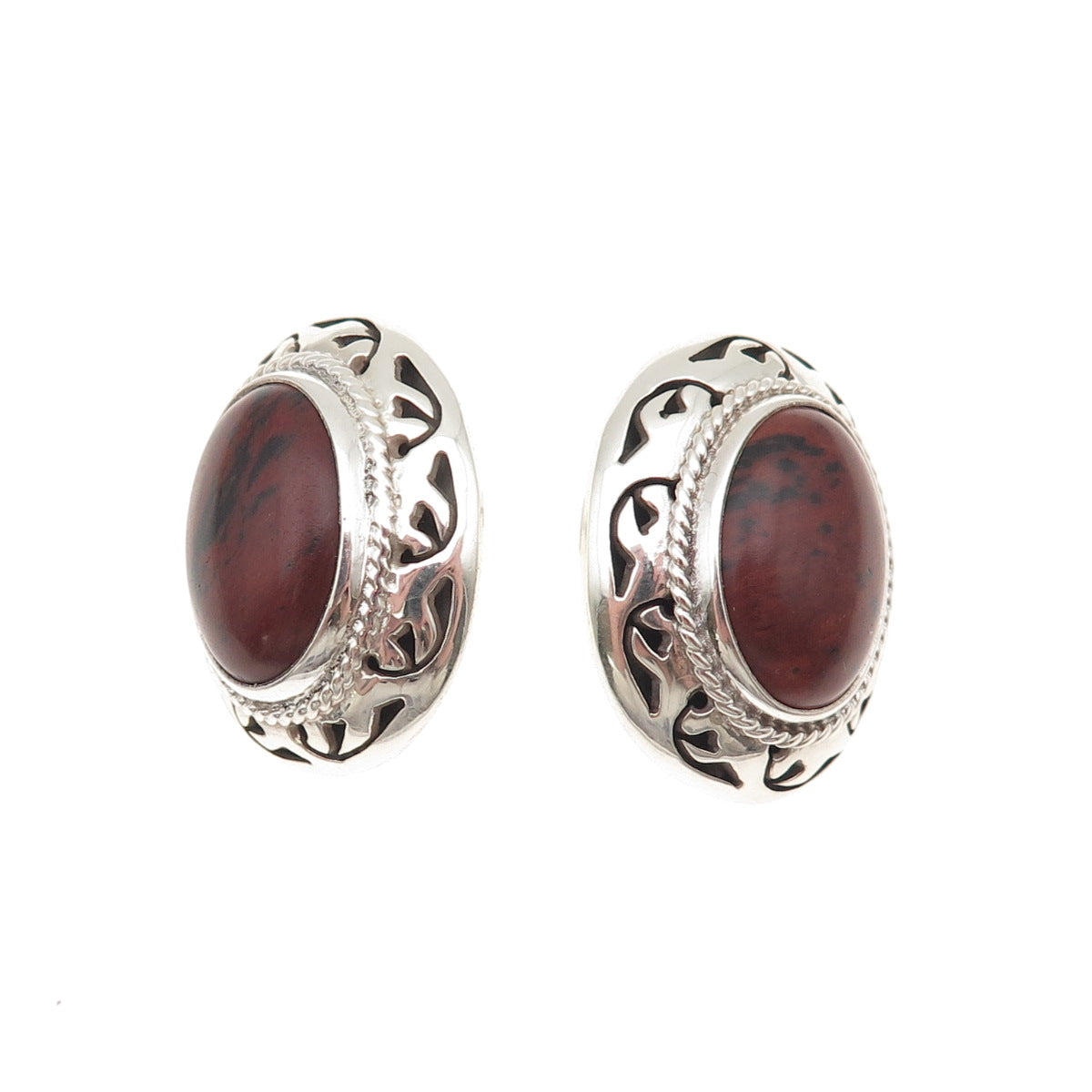925 Sterling Silver Vintage CII Mexico Real Red Jasper Modernist Floral Earrings