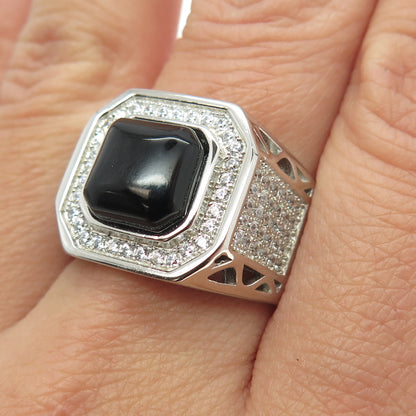 925 Sterling Silver Real Black Onyx Gemstone & C Z Ring Size 9.25