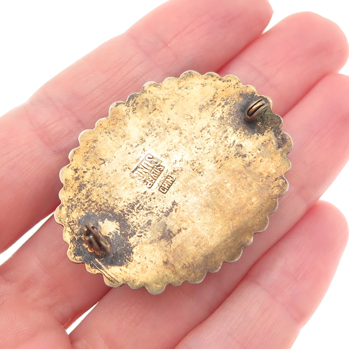 SUNG 925 Sterling Gold Plated Antique China Cinnabar Floral Brooch (missing pin)