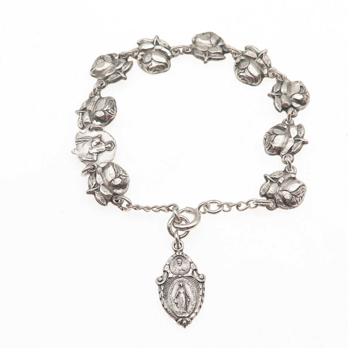 HMH Religious 925 Sterling Silver Antique Art Deco Saint Rosary Bracelet 7.5"