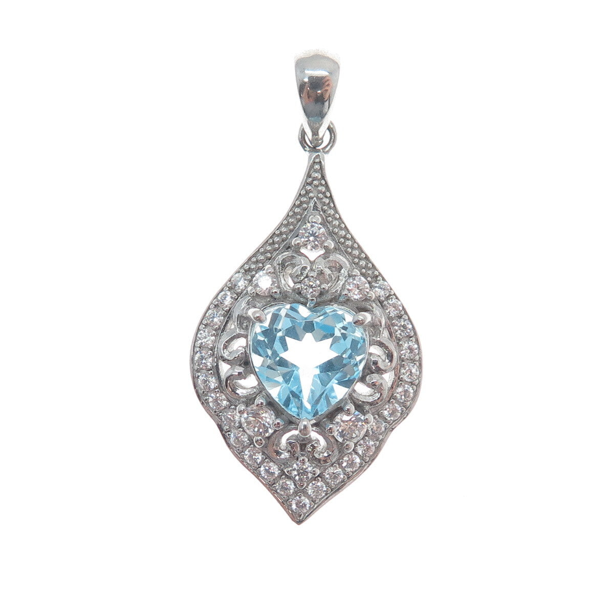 925 Sterling Silver Real Heart-Cut Blue Topaz Gem & C Z Cluster Pendant