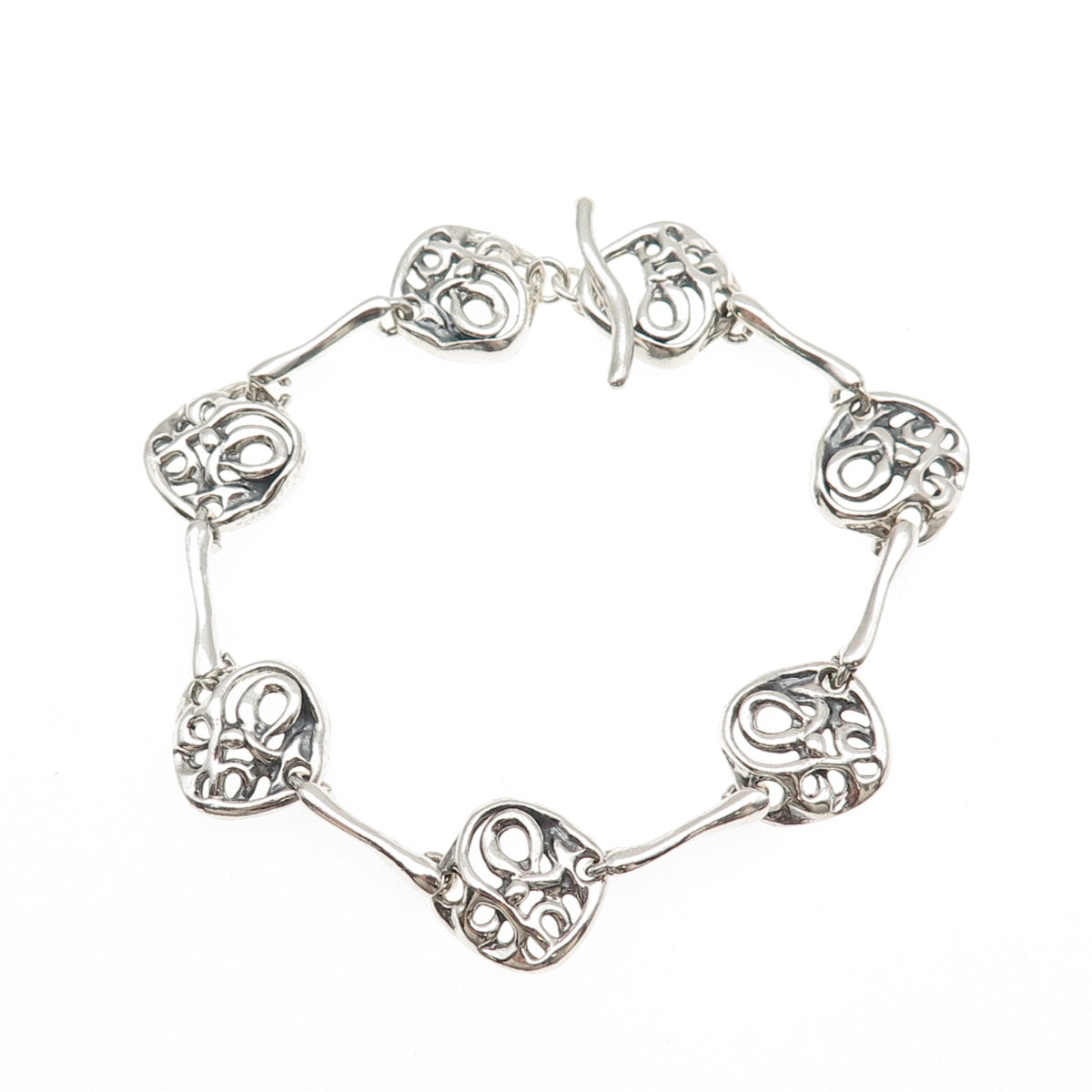 Hagit Gorali Sterling Silver Vintage Modernist Swirl Link Oxidized Bracelet 7"