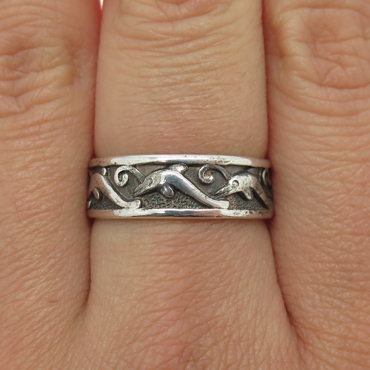 PETER STONE 925 Sterling Silver Vintage Dolphin Oxidized Band Ring Size 8.25