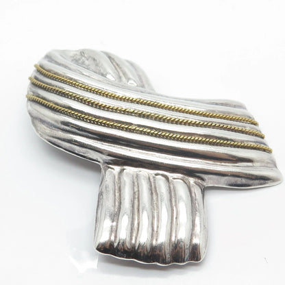 925 Sterling Silver 2-Tone Vintage Mexico Laton Ribbon Pin Brooch / Pendant