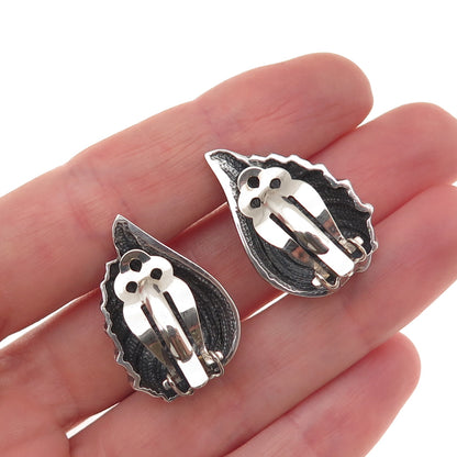 925 Sterling Silver Vintage Modernist Flame Oxidized Clip On Earrings