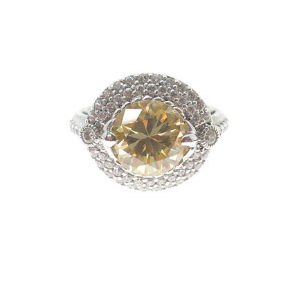 JUDITH RIPKA 925 Sterling Silver Round-Cut Canary & White C Z Ring Size 11