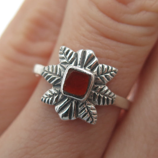 925 Sterling Silver Vintage Real Carnelian Floral Leaf Oxidized Ring Size 5.25