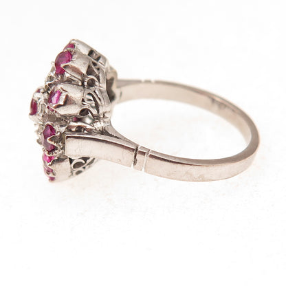 925 Sterling Silver Antique Art Deco Real Diamond & Ruby Floral Ring Size 6