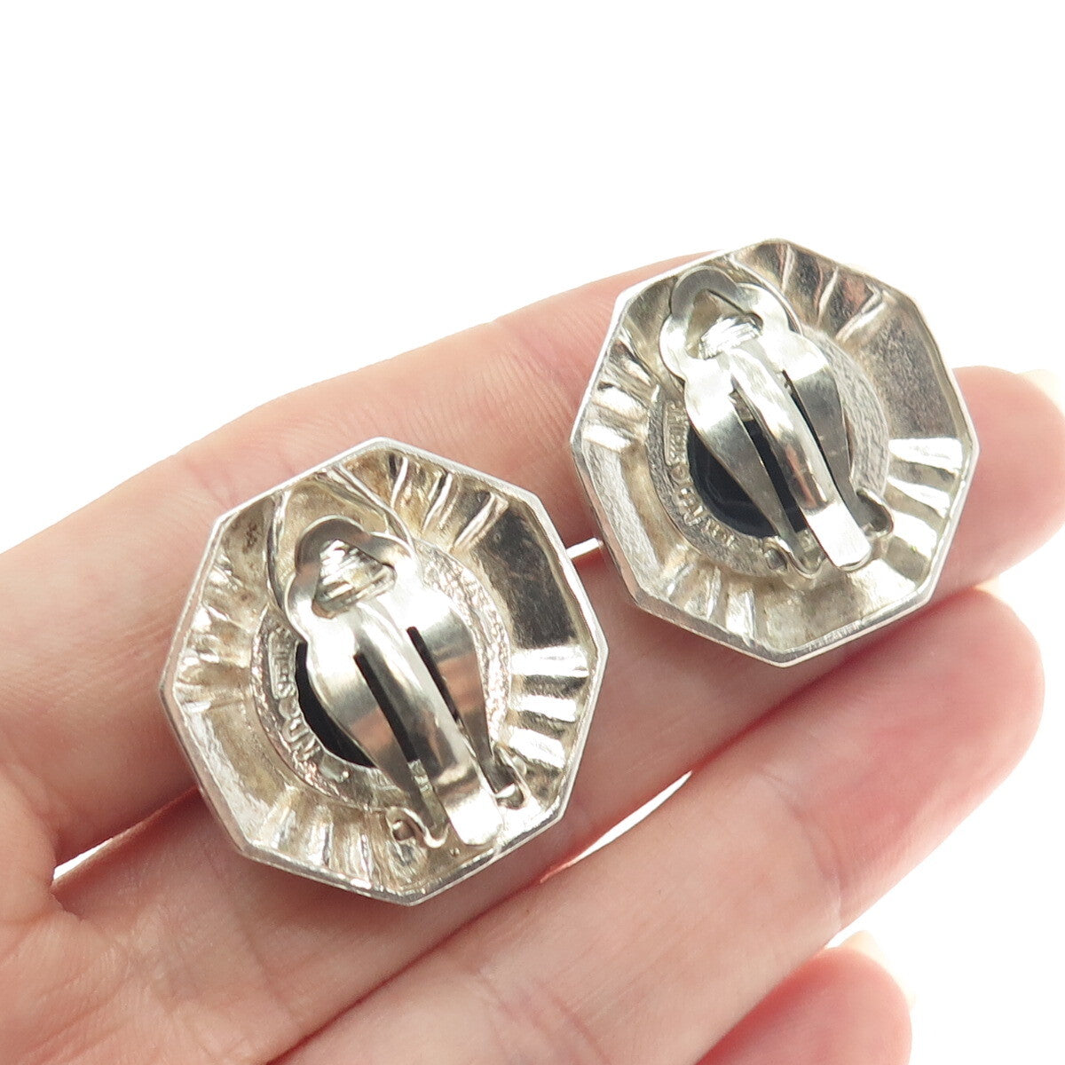 CHAPAL ZENRAY Sterling Silver Vintage Black Onyx Roman Soldier Clip On Earrings