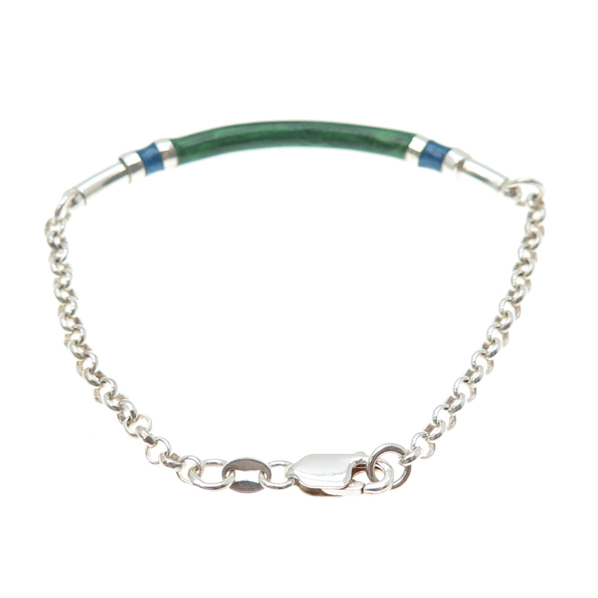 925 Sterling Silver Vintage Enamel Wood Bar Rolo Link Bracelet 6.25"