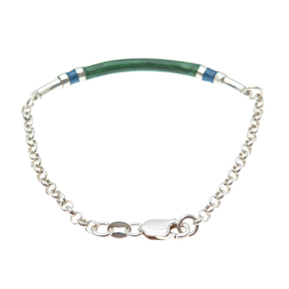 925 Sterling Silver Vintage Enamel Wood Bar Rolo Link Bracelet 6.25"