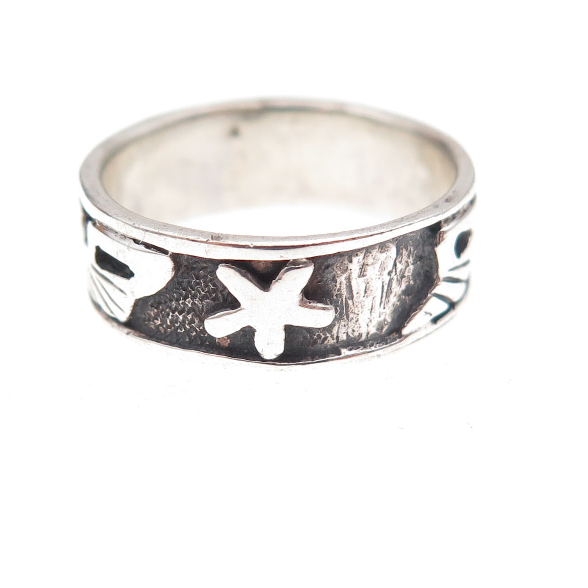 925 Sterling Silver Vintage Sea Life Oxidized Band Ring Size 6.75