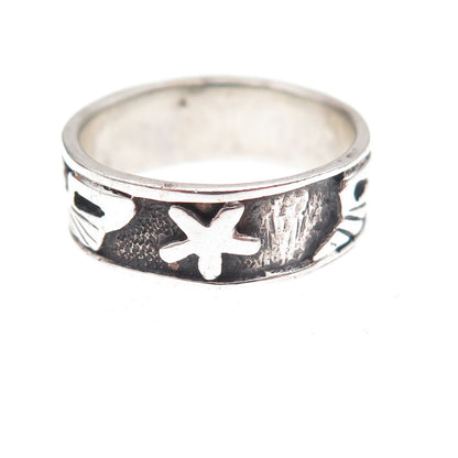 925 Sterling Silver Vintage Sea Life Oxidized Band Ring Size 6.75