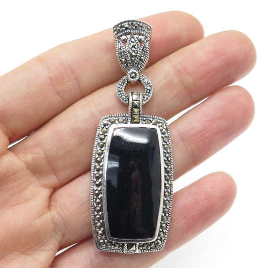 925 Sterling Silver Vintage Real Black Onyx & Marcasite Floral Oxidized Pendant