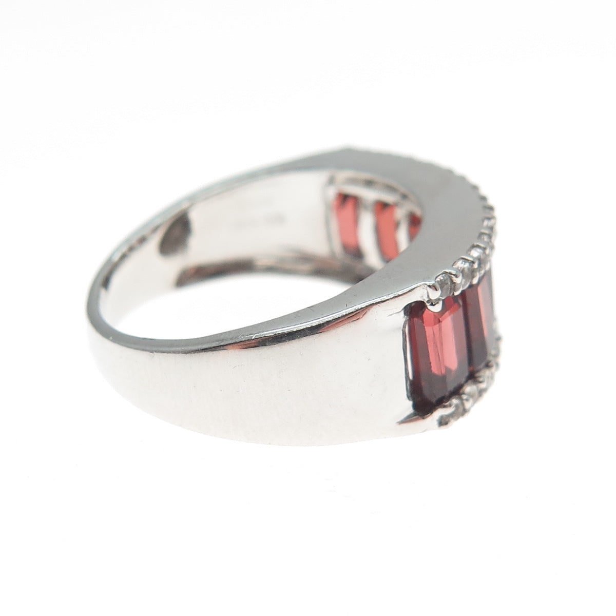 925 Sterling Silver Real Emerald-Cut Red Garnet C Z Half Eternity Ring Size 5.5