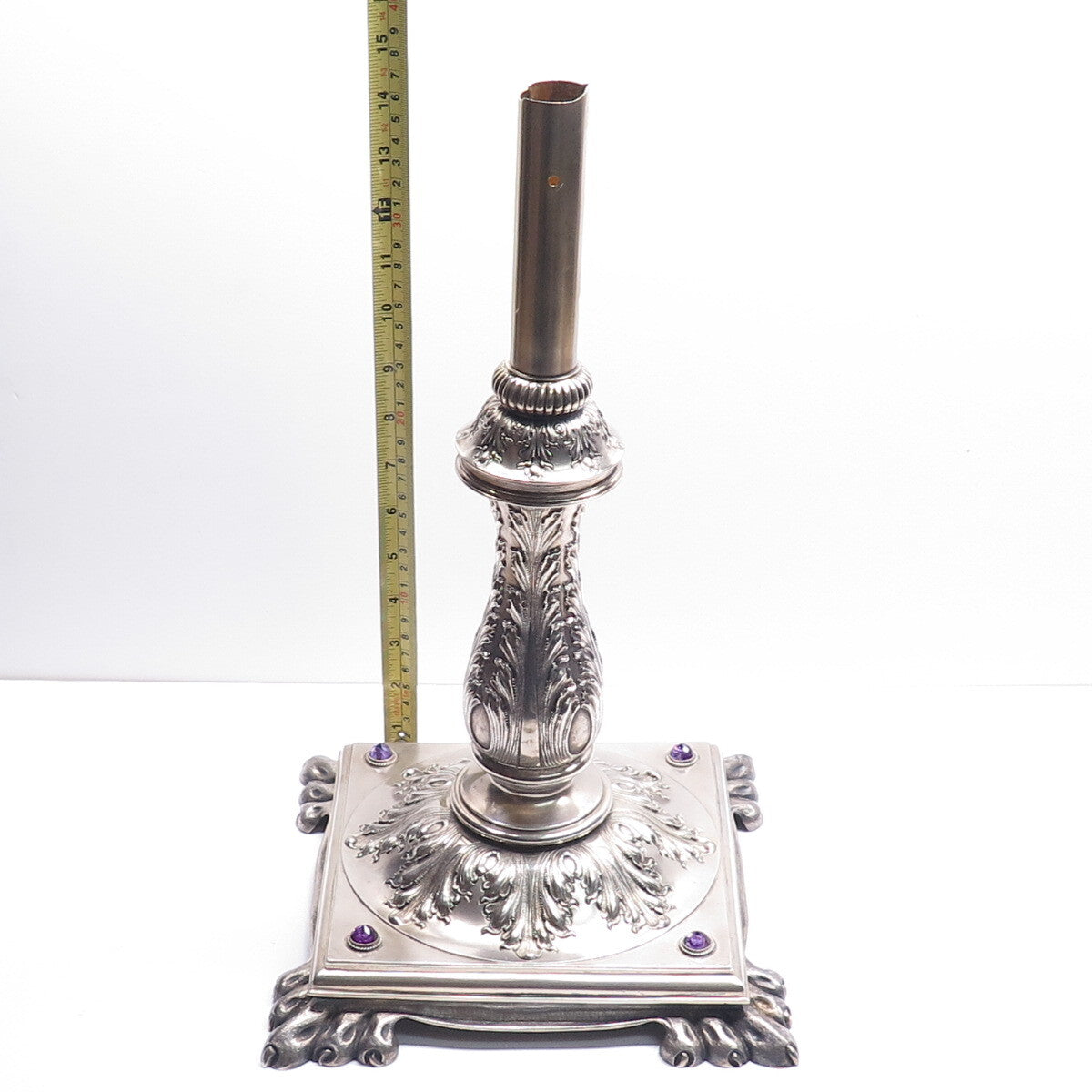 W.J. FEELEY CO. Sterling Silver Antique Amethyst Table Lamp / Candelabra Stand