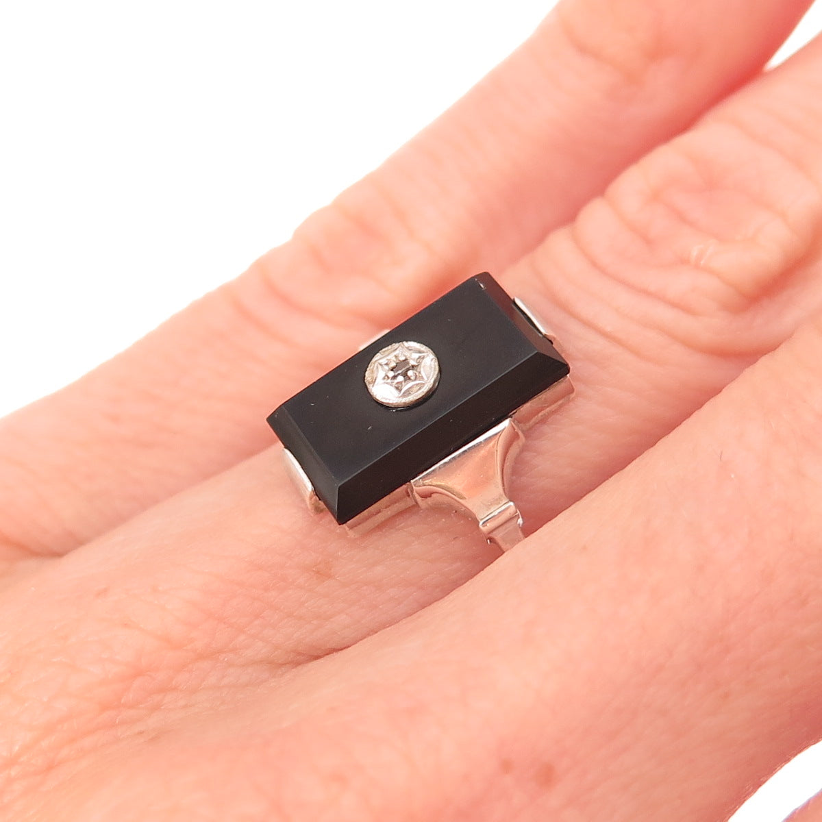 925 Sterling Antique Art Deco Real Diamond Accent & Black Onyx Ring Size 5.75