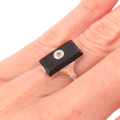 925 Sterling Antique Art Deco Real Diamond Accent & Black Onyx Ring Size 5.75