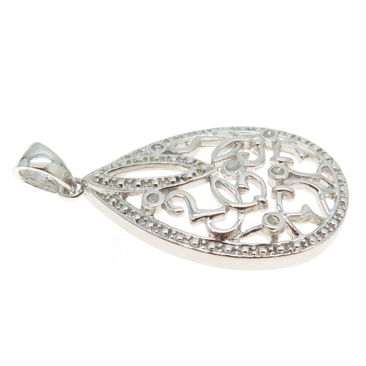 925 Sterling Silver Real Round-Cut Diamond Ornate Teardrop Pendant