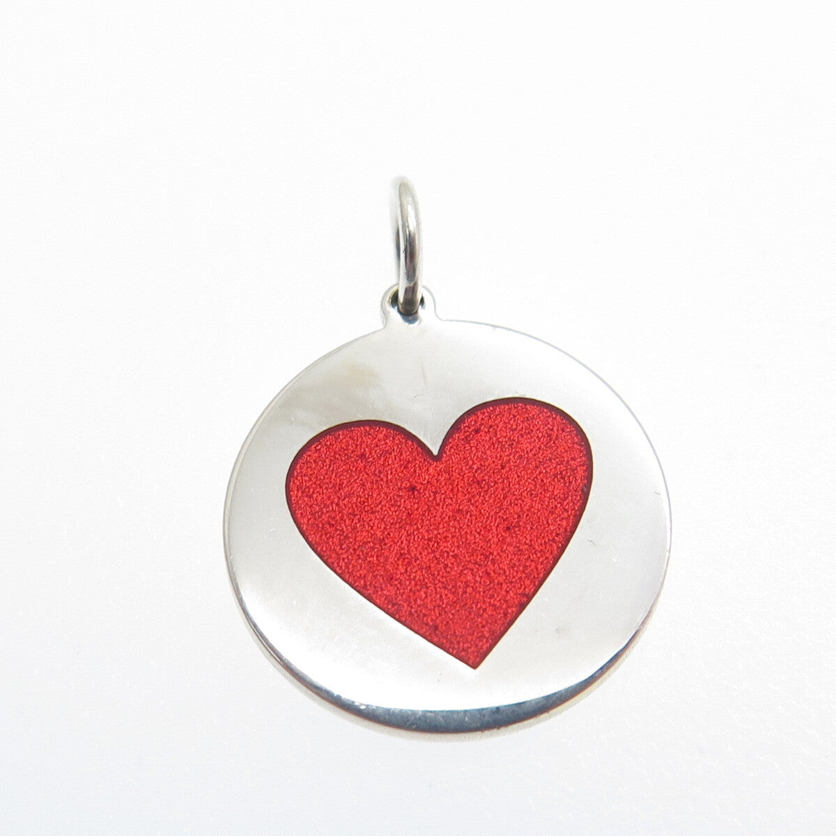 925 Sterling Silver Red Enamel Heart Round Tag Minimalist Charm Pendant