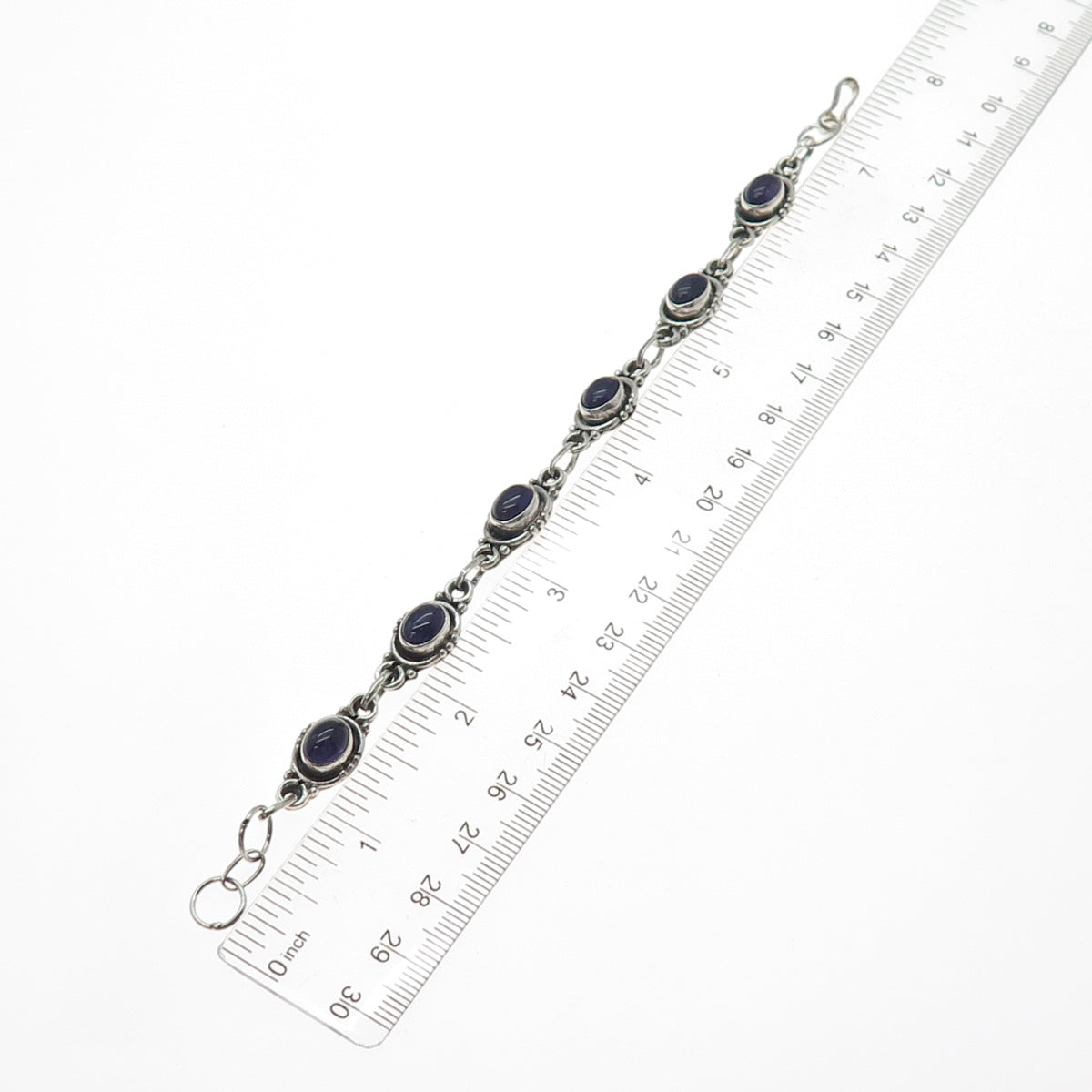 925 Sterling Silver Vintage Real Cabochon Amethyst Bracelet 6.5-7.5"