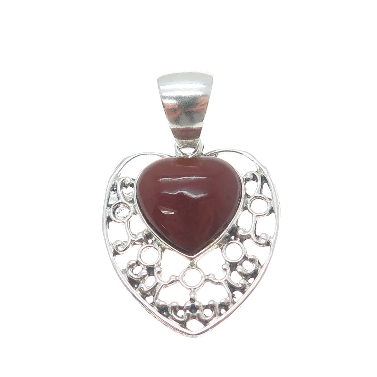 950 Silver Vintage Real Agate Ornate Heart Charm Pendant