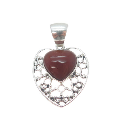 950 Silver Vintage Real Agate Ornate Heart Charm Pendant
