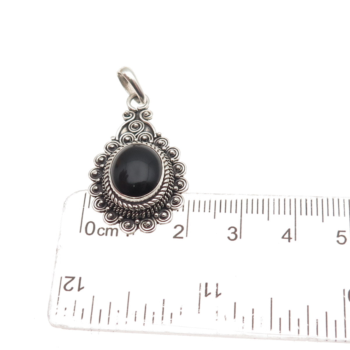 925 Sterling Silver Vintage Real Black Onyx Swirl Beaded Oxidized Charm Pendant
