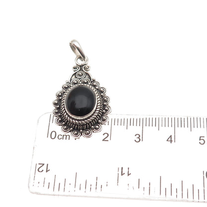 925 Sterling Silver Vintage Real Black Onyx Swirl Beaded Oxidized Charm Pendant