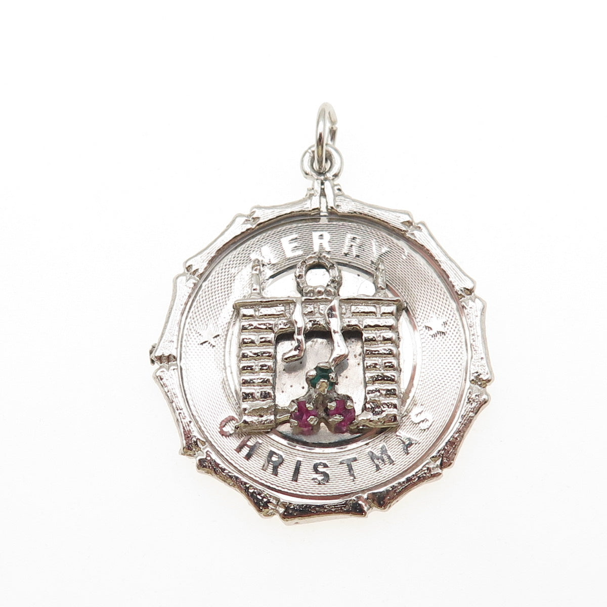 925 Sterling Silver Vintage Rhinestone Merry Christmas Fireplace Charm Pendant