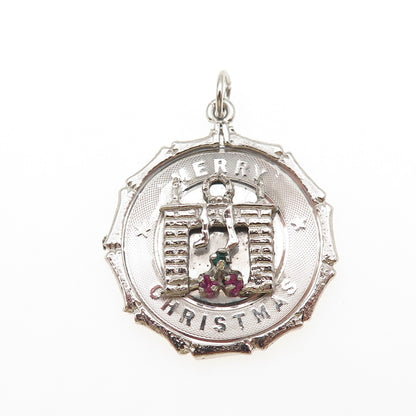 925 Sterling Silver Vintage Rhinestone Merry Christmas Fireplace Charm Pendant