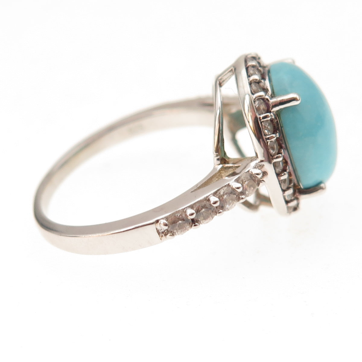 925 Sterling Silver Real Tyrone Turquoise & White Topaz Ring Size 8