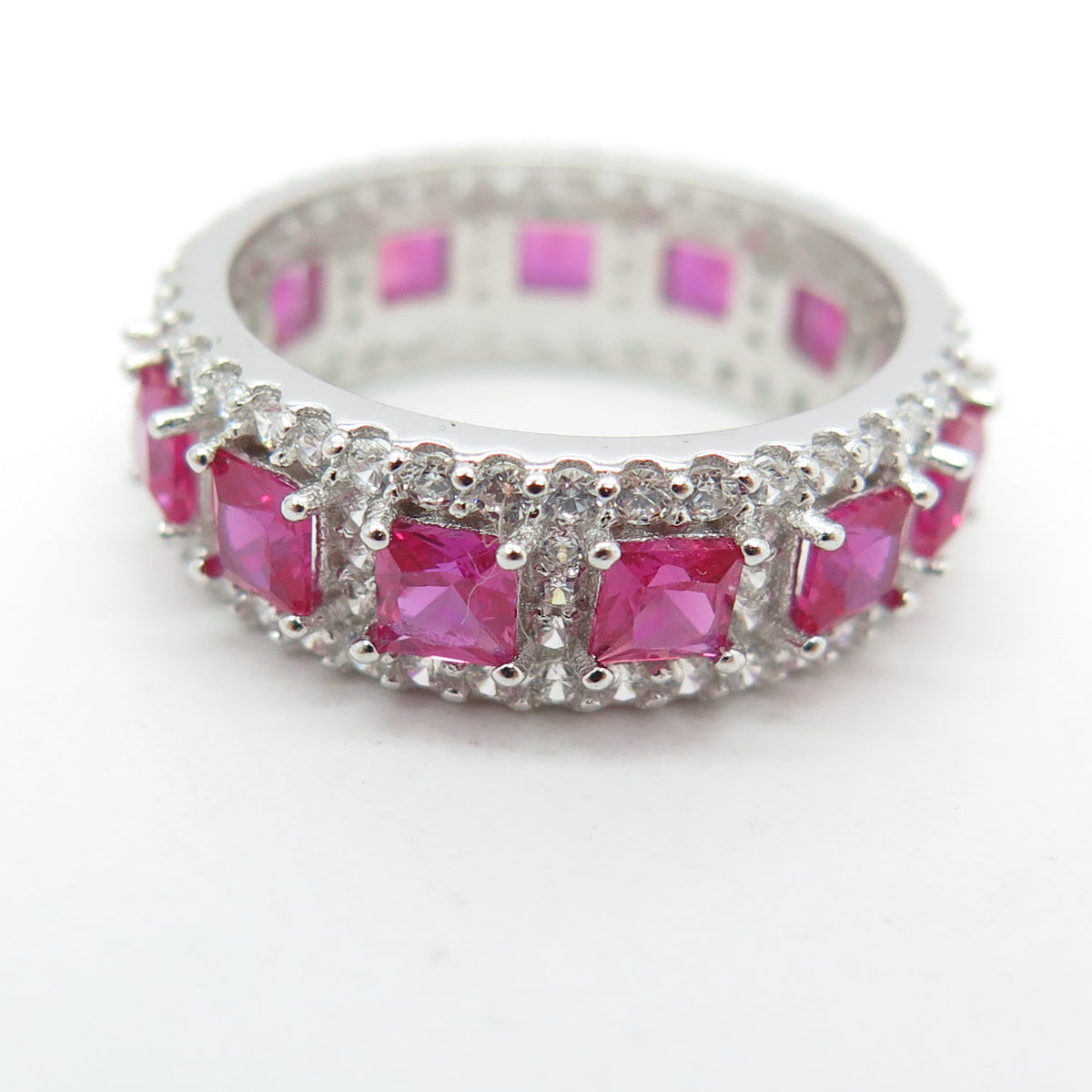 925 Sterling Silver Lab-Created Pink Sapphire & C Z Eternity Ring Size 5.5