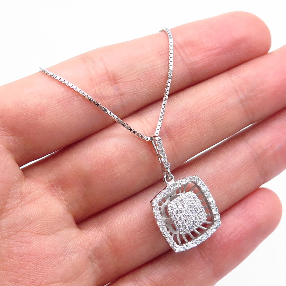 925 Sterling Silver C Z Box Chain Necklace 18"
